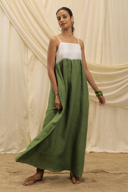 Akashi Clothing_Olive Green Linen Square Neck Sun Dress_at_Aza_Fashions