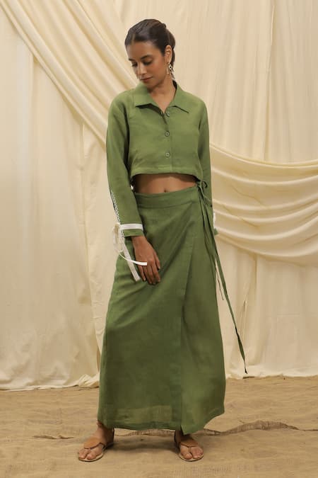 Akashi Clothing Olive Green Linen Collared Skirt Set 