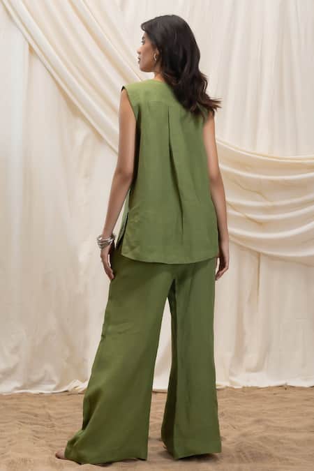 Akashi Clothing Olive Green Linen Top & Pant Set 