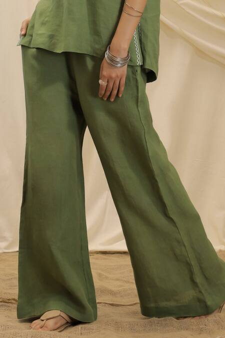 Akashi Clothing Olive Green Linen Round Neck Top And Pant Set Online at Aza Fashions Akashi Clothing_Olive Green Linen Round Neck Top And Pant Set _Online_at_Aza_Fashions