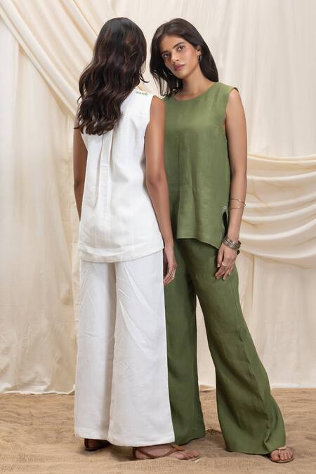 Shop Akashi Clothing Olive Green Linen Round Neck Top And Pant Set Online at Aza Fashions Shop_Akashi Clothing_Olive Green Linen Round Neck Top And Pant Set _Online_at_Aza_Fashions