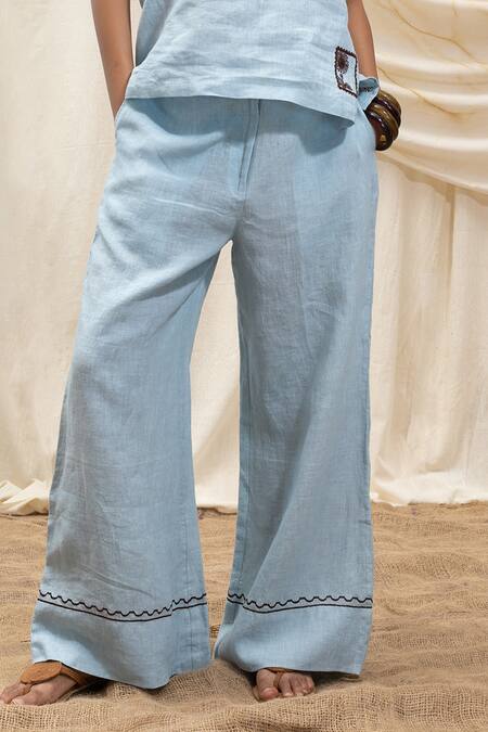 Shop_Akashi Clothing_Blue Linen Embroidery Bandeau Neck Tube Top And Pant Set 