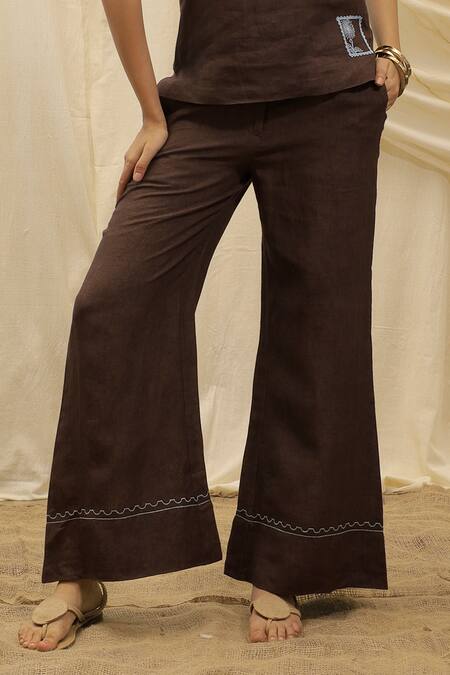 Buy_Akashi Clothing_Brown Linen Embroidery Bandeau Neck Tube Top And Pant Set _Online_at_Aza_Fashions