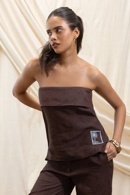 Shop_Akashi Clothing_Brown Linen Embroidery Bandeau Neck Tube Top And Pant Set _Online_at_Aza_Fashions