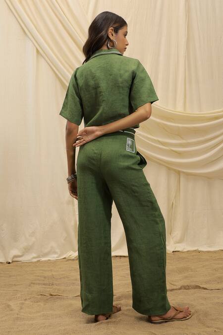 Shop Akashi Clothing Green Linen Embroidery Collared Olive Shirt And Pant Set at Aza Fashions Shop_Akashi Clothing_Green Linen Embroidery Collared Olive Shirt And Pant Set_at_Aza_Fashions