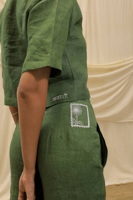 Akashi Clothing Green Linen Embroidery Collared Olive Shirt And Pant Set at Aza Fashions Akashi Clothing_Green Linen Embroidery Collared Olive Shirt And Pant Set_at_Aza_Fashions