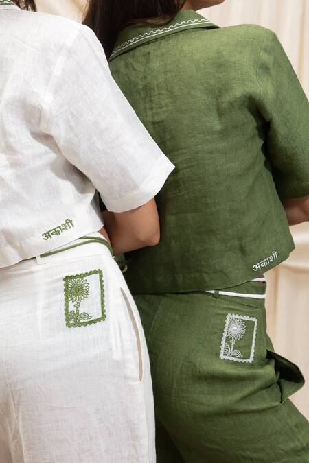Buy Akashi Clothing Green Linen Embroidery Collared Olive Shirt And Pant Set Buy_Akashi Clothing_Green Linen Embroidery Collared Olive Shirt And Pant Set