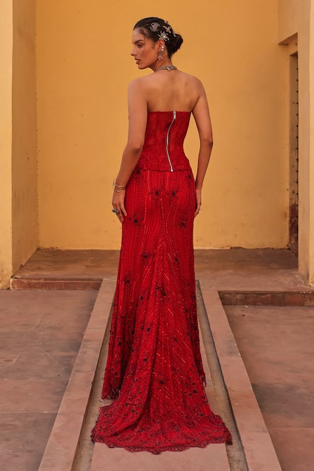 Shop Label Moni K Red Satin Embroidery Sweetheart Neck Corset Fishcut Skirt Set at Aza Fashions Shop_Label Moni K_Red Satin Embroidery Sweetheart Neck Corset Fishcut Skirt Set _at_Aza_Fashions