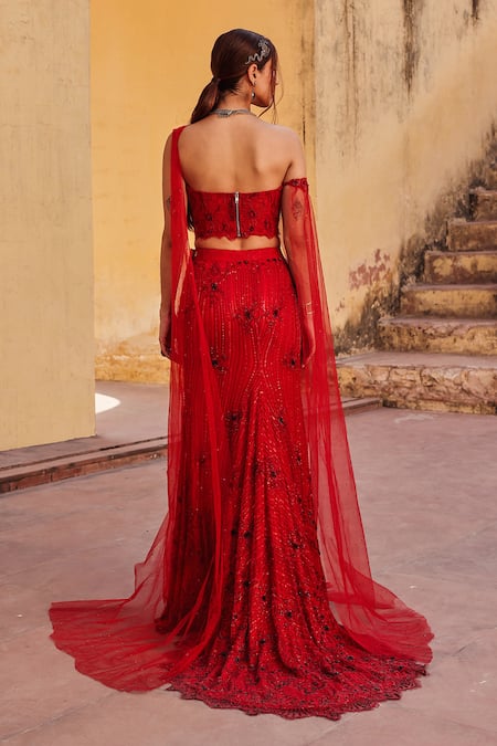 Shop Label Moni K Red Chanderi, Net Sequins, Beads, Embroidery Designer Fusion Lehenga Set at Aza Fashions Shop_Label Moni K_Red Chanderi, Net Sequins, Beads, Embroidery Designer Fusion Lehenga Set _at_Aza_Fashions