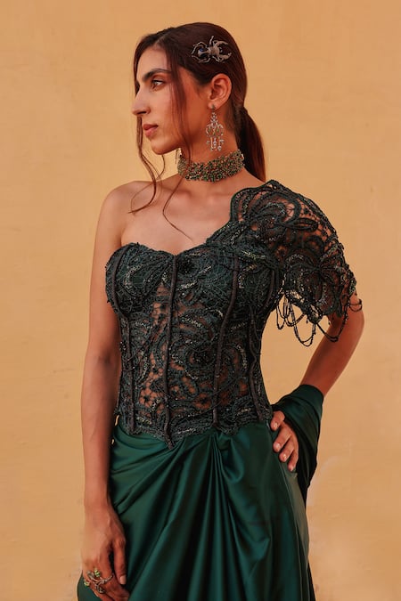 Shop Label Moni K Green Satin, Net Embroidery Sweetheart Neck Bottle Pre-draped Saree And Corset Online at Aza Fashions Shop_Label Moni K_Green Satin, Net Embroidery Sweetheart Neck Bottle Pre-draped Saree And Corset _Online_at_Aza_Fashions