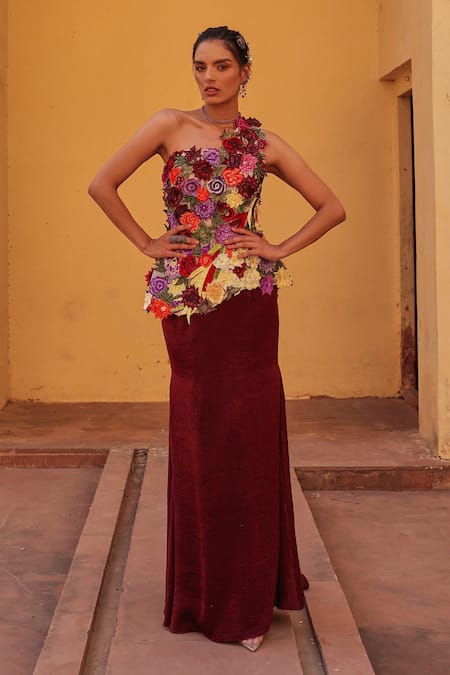 Label Moni K Wine Satin Applique One Shoulder Floral Embroidered Corset And Draped Skirt Set 