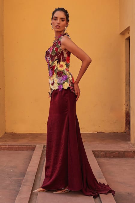 Buy Label Moni K Wine Satin Applique One Shoulder Floral Embroidered Corset And Draped Skirt Set Online at Aza Fashions Buy_Label Moni K_Wine Satin Applique One Shoulder Floral Embroidered Corset And Draped Skirt Set _Online_at_Aza_Fashions
