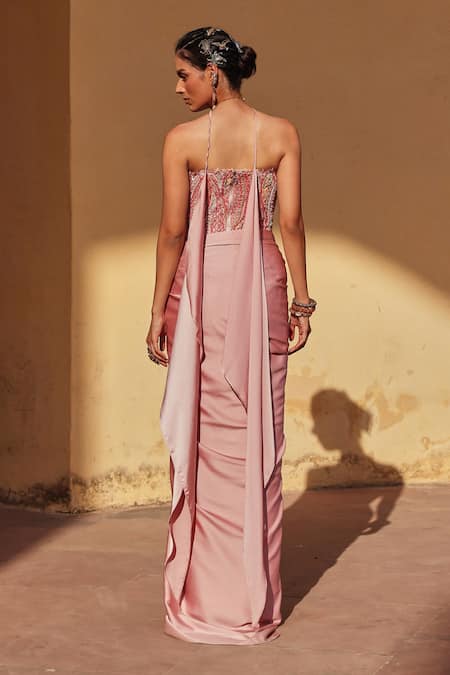 Shop Label Moni K Pink Satin, Chantelle Embroidery Square Neck Corset Draped Skirt Set at Aza Fashions Shop_Label Moni K_Pink Satin, Chantelle Embroidery Square Neck Corset Draped Skirt Set _at_Aza_Fashions