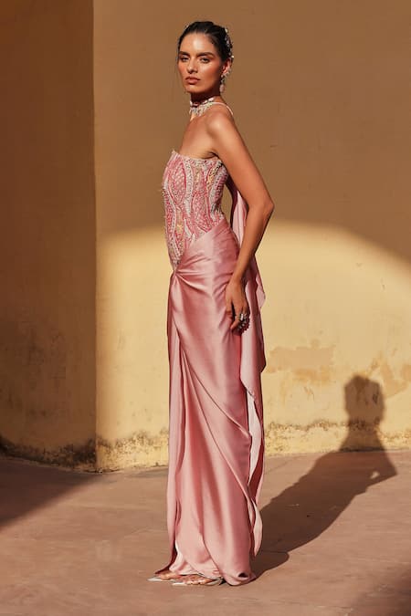 Label Moni K Pink Satin, Chantelle Embroidery Square Neck Corset Draped Skirt Set Online at Aza Fashions Label Moni K_Pink Satin, Chantelle Embroidery Square Neck Corset Draped Skirt Set _Online_at_Aza_Fashions