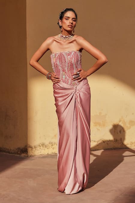 Label Moni K Pink Satin, Chanderi Beads, Embroidery Corset Draped Skirt Set 