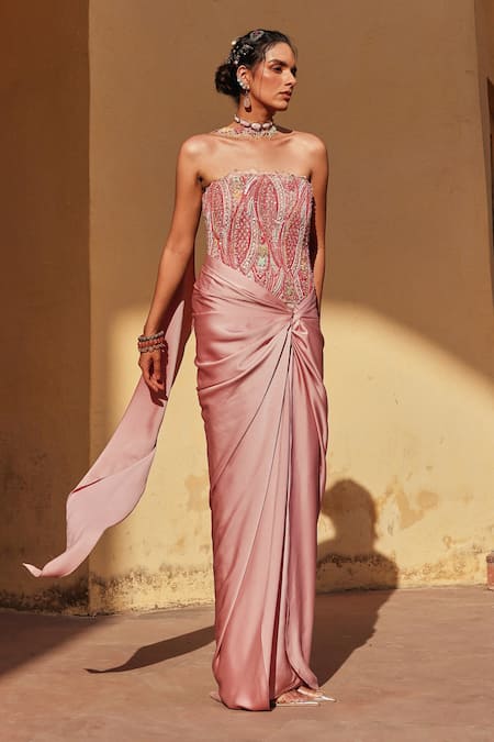 Buy Label Moni K Pink Satin, Chantelle Embroidery Square Neck Corset Draped Skirt Set Online at Aza Fashions Buy_Label Moni K_Pink Satin, Chantelle Embroidery Square Neck Corset Draped Skirt Set _Online_at_Aza_Fashions