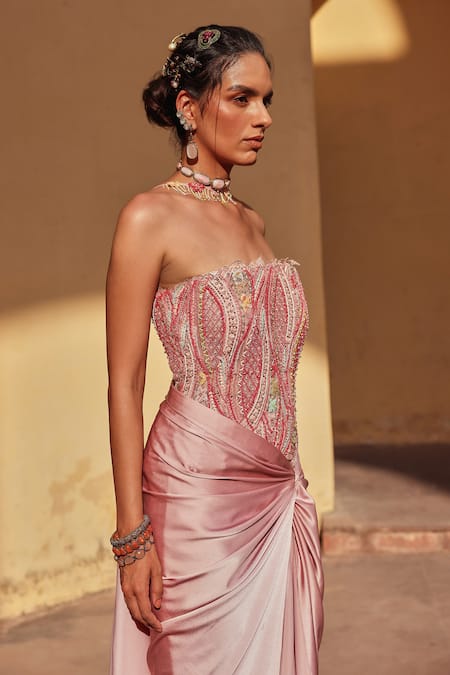 Shop Label Moni K Pink Satin, Chantelle Embroidery Square Neck Corset Draped Skirt Set Online at Aza Fashions Shop_Label Moni K_Pink Satin, Chantelle Embroidery Square Neck Corset Draped Skirt Set _Online_at_Aza_Fashions