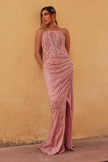 Label Moni K Pink Chanderi, Net Sequins, Beads Bandeau Neck Draped Skirt And Corset Set Online at Aza Fashions Label Moni K_Pink Chanderi, Net Sequins, Beads Bandeau Neck Draped Skirt And Corset Set _Online_at_Aza_Fashions