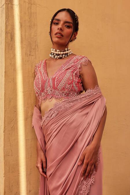 Buy_Label Moni K_Pink Chantelle Embroidery, Beads Round Neck Designer Pre-draped Saree Set _Online_at_Aza_Fashions