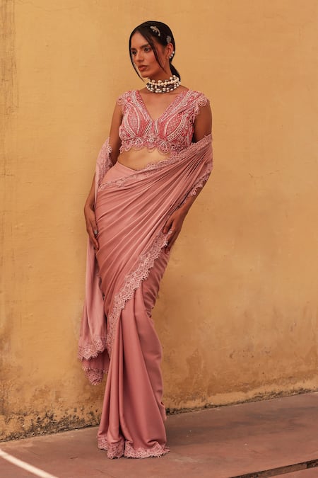 Shop_Label Moni K_Pink Chantelle Embroidery, Beads Round Neck Designer Pre-draped Saree Set _at_Aza_Fashions