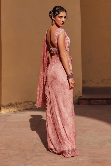 Label Moni K Pink Chiffon Embroidery, Beads V-neck Designer Pre-draped Saree Set Online at Aza Fashions Label Moni K_Pink Chiffon Embroidery, Beads V-neck Designer Pre-draped Saree Set _Online_at_Aza_Fashions