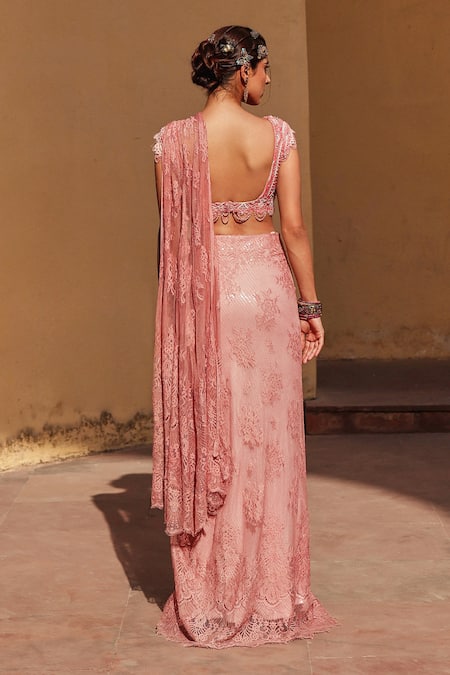 Shop Label Moni K Pink Chiffon Embroidery, Beads V-neck Designer Pre-draped Saree Set at Aza Fashions Shop_Label Moni K_Pink Chiffon Embroidery, Beads V-neck Designer Pre-draped Saree Set _at_Aza_Fashions