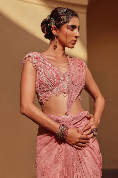 Buy Label Moni K Pink Chiffon Embroidery, Beads V-neck Designer Pre-draped Saree Set Online at Aza Fashions Buy_Label Moni K_Pink Chiffon Embroidery, Beads V-neck Designer Pre-draped Saree Set _Online_at_Aza_Fashions