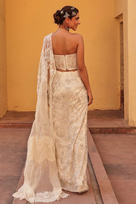 Label Moni K White Chantelle Pre-Draped Saree Set 