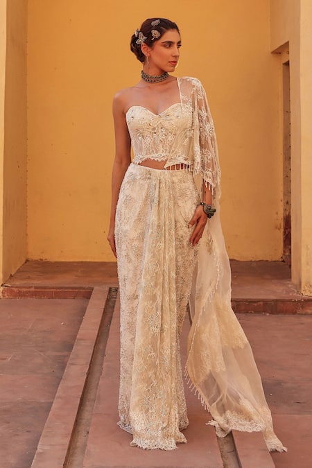 Label Moni K_White Chantelle Sequins, Embroidery Sweetheart Neck Pre-draped Saree Set _Online_at_Aza_Fashions