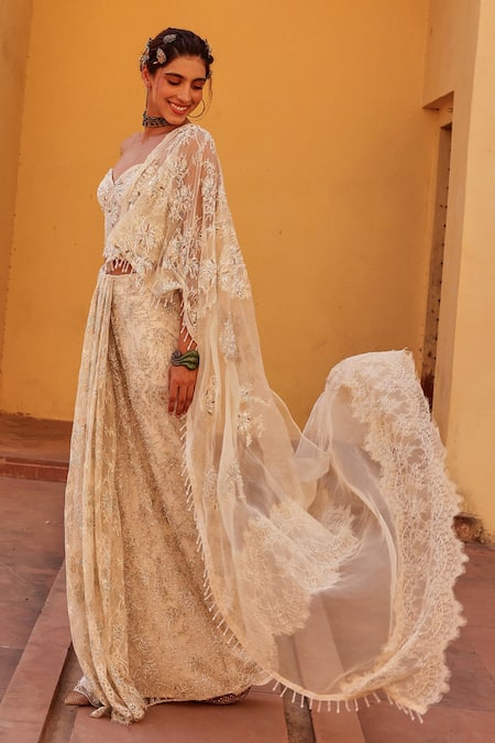 Buy_Label Moni K_White Chantelle Sequins, Embroidery Sweetheart Neck Pre-draped Saree Set _Online_at_Aza_Fashions