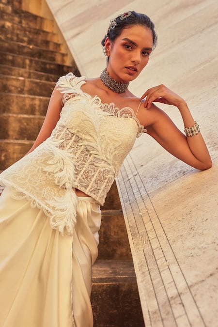 Label Moni K White Satin Embroidery Sweetheart Neck Corset And Draped Skirt Set Online at Aza Fashions Label Moni K_White Satin Embroidery Sweetheart Neck Corset And Draped Skirt Set _Online_at_Aza_Fashions