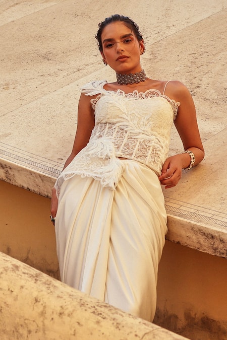 Buy Label Moni K White Satin Embroidery Sweetheart Neck Corset And Draped Skirt Set Online at Aza Fashions Buy_Label Moni K_White Satin Embroidery Sweetheart Neck Corset And Draped Skirt Set _Online_at_Aza_Fashions