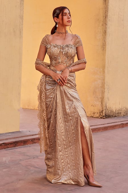 Label Moni K Golden Pre-Draped Saree Set 