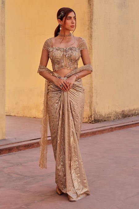 Buy Label Moni K Gold Net, Chiffon Embroidery, Sequins Scoop Neck Pre-draped Saree Set Online at Aza Fashions Buy_Label Moni K_Gold Net, Chiffon Embroidery, Sequins Scoop Neck Pre-draped Saree Set _Online_at_Aza_Fashions