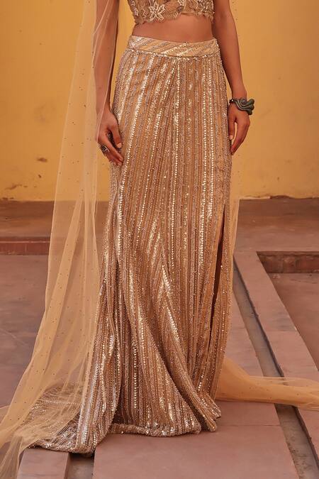 Label Moni K Gold Net, Chanderi Sequins, Embroidery, Beads Sweetheart Neck Fusion Lehenga Set at Aza Fashions Label Moni K_Gold Net, Chanderi Sequins, Embroidery, Beads Sweetheart Neck Fusion Lehenga Set _at_Aza_Fashions