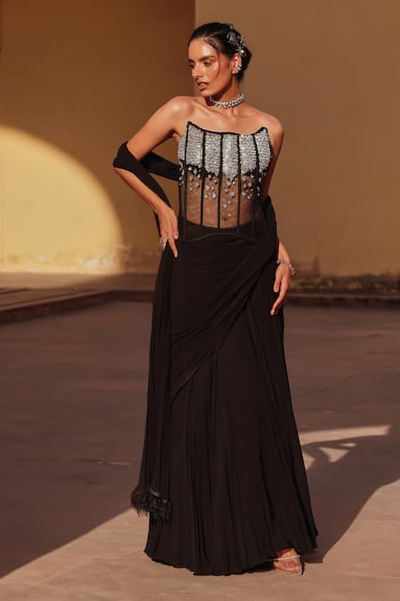 Label Moni K Black Net, Georgette Beads Corset And Draped Skirt Set 