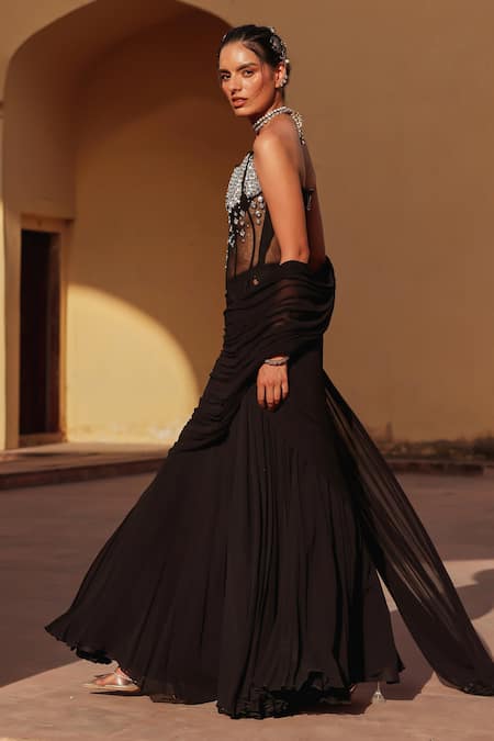 Label Moni K Black Net, Georgette Beads Corset And Draped Skirt Set Online at Aza Fashions Label Moni K_Black Net, Georgette Beads Corset And Draped Skirt Set _Online_at_Aza_Fashions