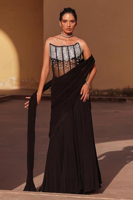 Buy Label Moni K Black Net, Georgette Beads Corset And Draped Skirt Set Online at Aza Fashions Buy_Label Moni K_Black Net, Georgette Beads Corset And Draped Skirt Set _Online_at_Aza_Fashions