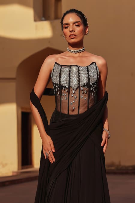 Shop Label Moni K Black Net, Georgette Beads Corset And Draped Skirt Set Online at Aza Fashions Shop_Label Moni K_Black Net, Georgette Beads Corset And Draped Skirt Set _Online_at_Aza_Fashions