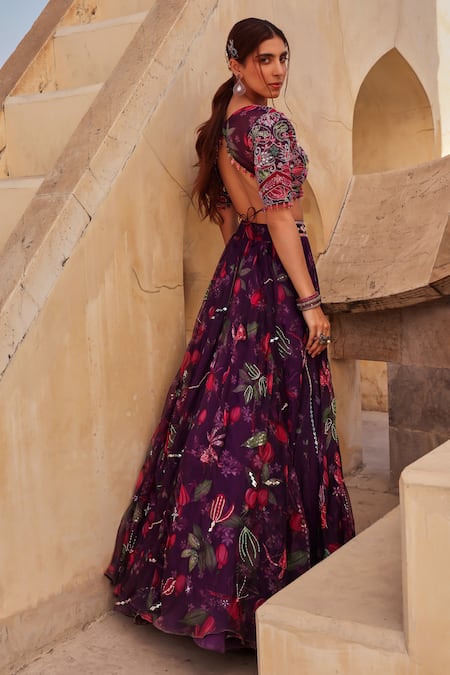 Shop Label Moni K Wine Organza Sequins, Embroidery V-neck Printed Lehenga Set at Aza Fashions Shop_Label Moni K_Wine Organza Sequins, Embroidery V-neck Printed Lehenga Set _at_Aza_Fashions