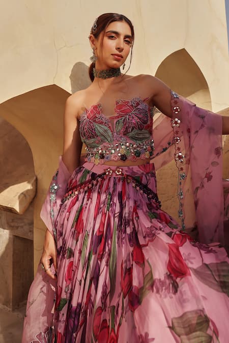 Shop_Label Moni K_Lavender Organza Beads, Sequins, Embroidery Split Floral Printed Lehenga Set _at_Aza_Fashions