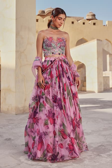 Label Moni K Floral Printed Organza Lehenga Set 