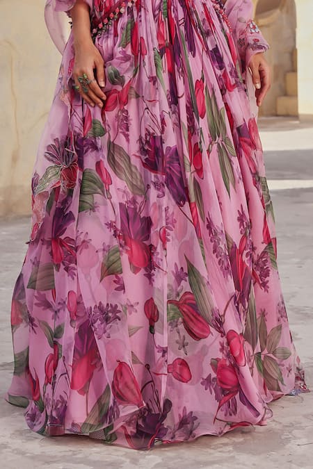 Label Moni K_Lavender Organza Beads, Sequins, Embroidery Split Floral Printed Lehenga Set _Online_at_Aza_Fashions