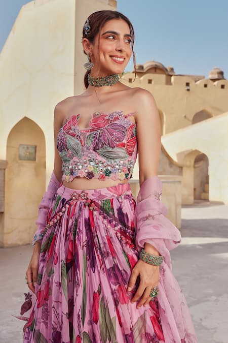 Buy_Label Moni K_Lavender Organza Beads, Sequins, Embroidery Split Floral Printed Lehenga Set _Online_at_Aza_Fashions