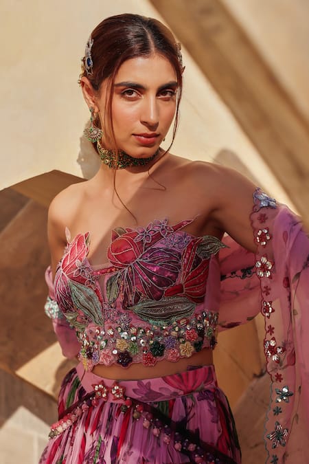 Shop_Label Moni K_Lavender Organza Beads, Sequins, Embroidery Split Floral Printed Lehenga Set _Online_at_Aza_Fashions