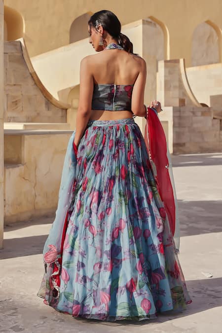 Label Moni K Light Blue Floral Printed Lehenga Set 