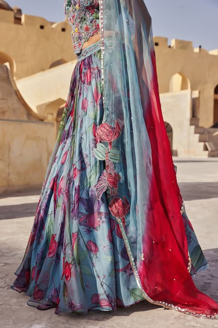 Label Moni K Blue Organza Embroidery, Sequins Halter Neck Light Floral Printed Lehenga Set Online at Aza Fashions Label Moni K_Blue Organza Embroidery, Sequins Halter Neck Light Floral Printed Lehenga Set _Online_at_Aza_Fashions