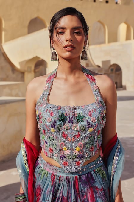 Buy Label Moni K Blue Organza Embroidery, Sequins Halter Neck Light Floral Printed Lehenga Set Online at Aza Fashions Buy_Label Moni K_Blue Organza Embroidery, Sequins Halter Neck Light Floral Printed Lehenga Set _Online_at_Aza_Fashions
