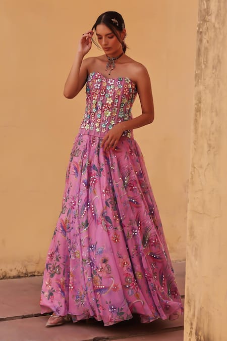 Label Moni K Lavender Organza Sequins, Embroidery Printed Designer Lehenga And Corset Online at Aza Fashions Label Moni K_Lavender Organza Sequins, Embroidery Printed Designer Lehenga And Corset _Online_at_Aza_Fashions