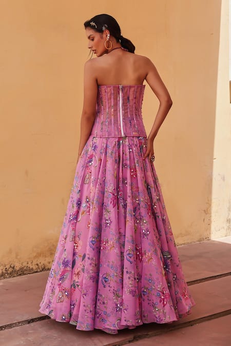 Shop Label Moni K Lavender Organza Sequins, Embroidery Printed Designer Lehenga And Corset at Aza Fashions Shop_Label Moni K_Lavender Organza Sequins, Embroidery Printed Designer Lehenga And Corset _at_Aza_Fashions